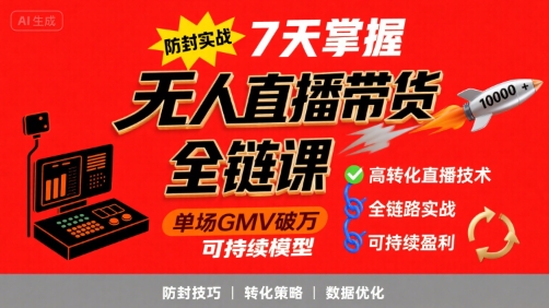 无人直播带货全链防封实战课,7天掌握高转化直播技术,实现单场GMV破万可持续模型