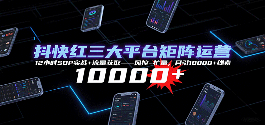 抖快红三大平台矩阵运营，12小时SOP实战+流量获取-风控-扩量，月引10000+线索-网创项目