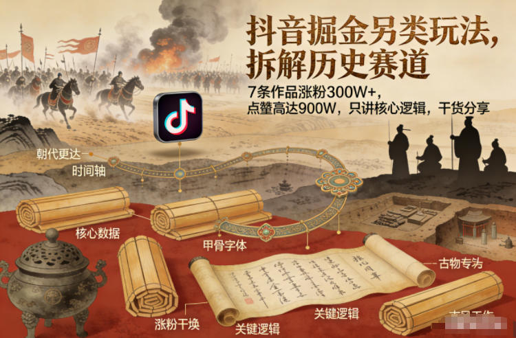 抖音掘金另类玩法，拆解历史赛道，7条作品涨粉300W+，点赞量高达900W，只讲核心逻辑，干货分享-网创项目