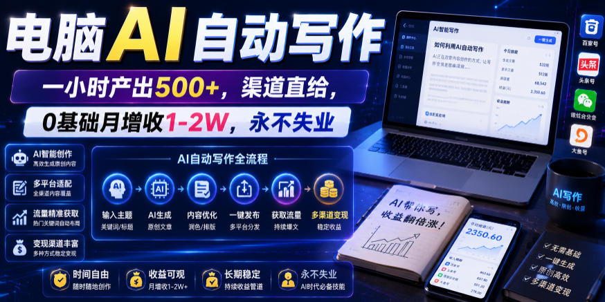 电脑AI自动写作，一小时产出500+，渠道直给，0基础月增收1-2W，永不失业【揭秘】-网创项目