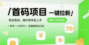 首码一键拉新项目，稳定靠谱，操作简单易上手，单号一小时70+，批量做每天5张【揭秘】-网创项目