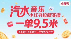汽水音乐小红书拉新实操，，一单9.5米，有手就行，一个月挣了2.1W-网创项目