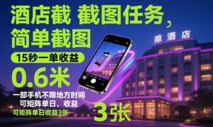 酒店截图任务,简单截图,15秒一单收益0.6米,一部手机不限地方时间,可矩阵单日收益3张【揭秘】-网创项目