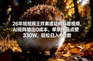 26年短视频王炸赛道动物科普视频，AI矩阵输出0成本，单条作品点赞330W，轻松日入4位数-网创项目