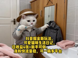 抖音掘金新玩法，可爱猫咪生活日记，日收益4张+新手可做，涨粉快流量稳，可一稿多平台-网创项目
