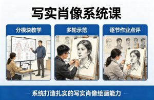 写实肖像系统课，全程分模块教学+多轮示范+逐节作业点评，系统打造扎实的写实肖像绘画能力-网创项目