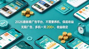 2026最新看广告平台，不需要养机，保底收益，无限广告，多机一天200+，收益稳定【揭秘】-网创项目