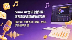 Suno AI音乐创作课:零基础也能做原创音乐!提示词+声音克隆+翻唱+后期,学完接单变现-网创项目